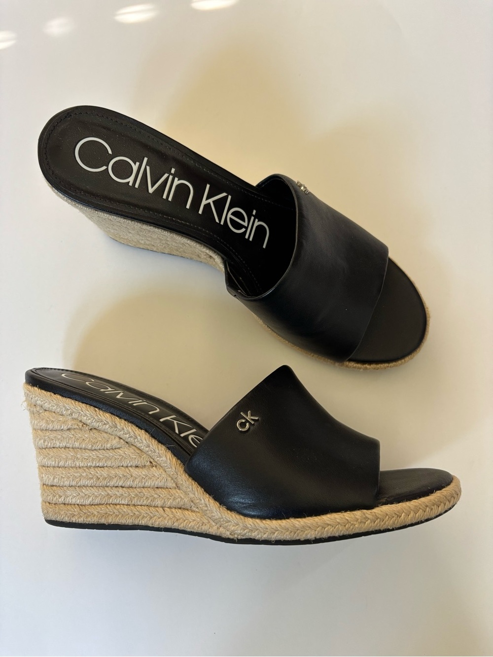 Calvin Klein Black Leather Bandera Wedge Espadrille Slide Sandal 3-1/2” Heel 8